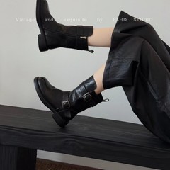 短靴马丁靴女机车皱皱复古简平底新款2025双扣做旧靴骑士中