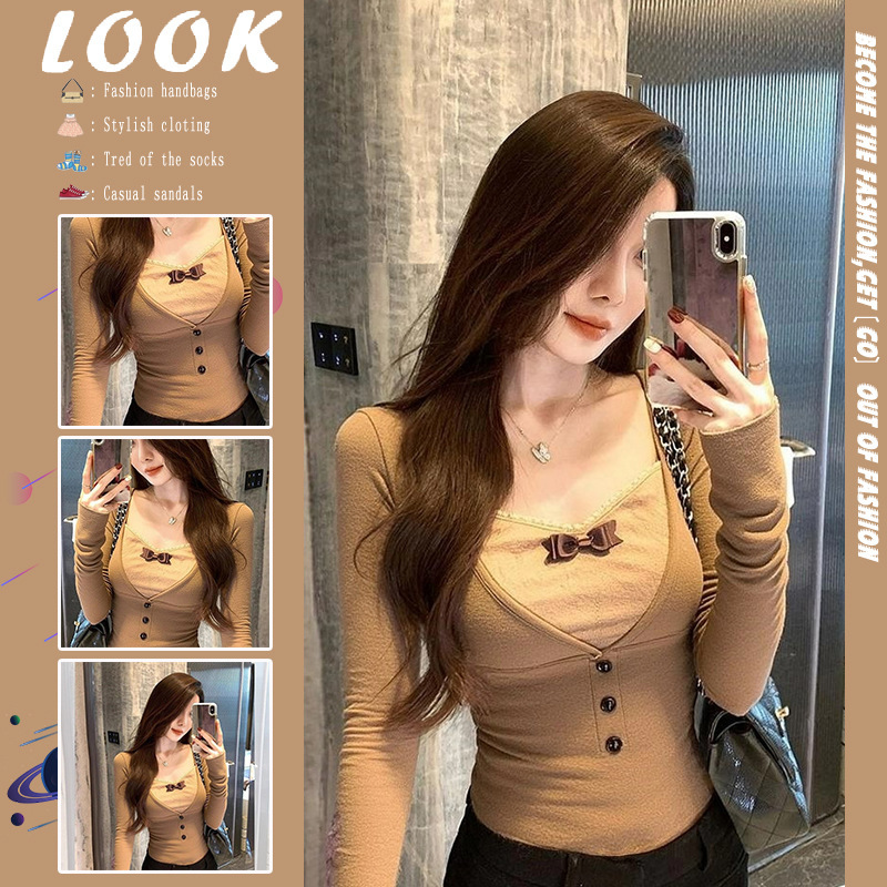 Brown V Neck Bow Fake Two-Piece Spliced ​​Long-Sleeved T-Shirt for Women in Autumn and Winter, a Very Beautiful Top for Autumn and Winter Atmosphere