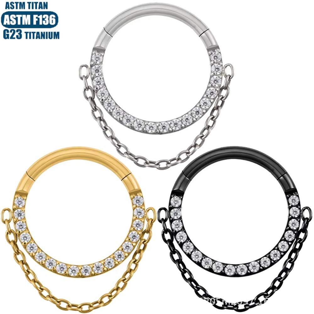 G23 Titanium Hinge Nose Ring with Zircon Chain Earrings - Seamless Open Ring Cartilage Septum Perforated Ear Ring Nose detail image 8