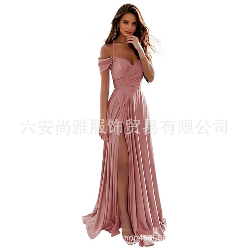 Cross-border off-shoulder satin evening dress with high slit, long style, suitable for weddings, bridesmaids, and banquets, slimming and elegant
