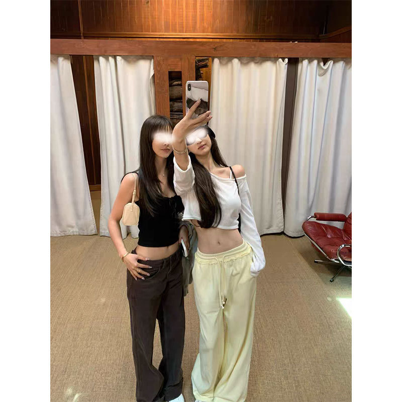 Wuuus Specially Made Casual Wear, Unlimited Stock, Short Rolled-Edge Long-Sleeve T-Shirt for Women, Summer Off-Shoulder Top