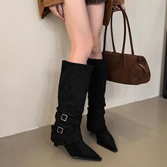 绒面尖头褶皱堆堆靴女2025秋冬新款可拆卸两穿细跟长筒靴高跟短靴