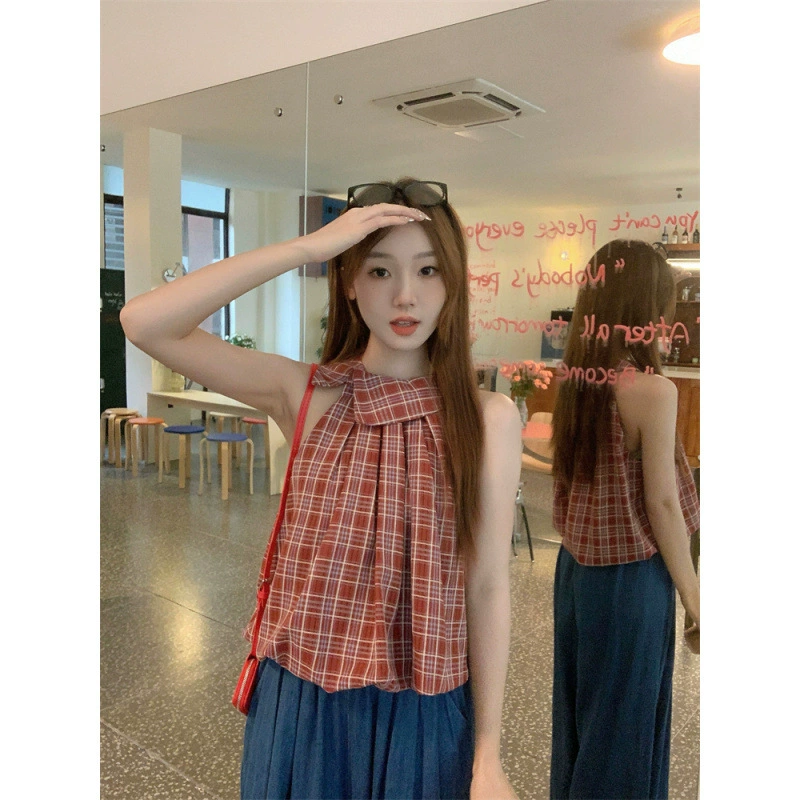 Реальный снимок и реальная цена, новый дизайн, шикарный топ без рукавов в красную клетку + джинсовый синий брючный костюм, комплект из двух предметов