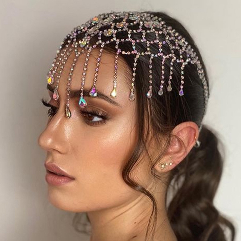 Nueva moda rhinestone pelo cadena europea y americana personalidad color diamante agua gota borla salvaje tocado accesorios para el cabello tocado