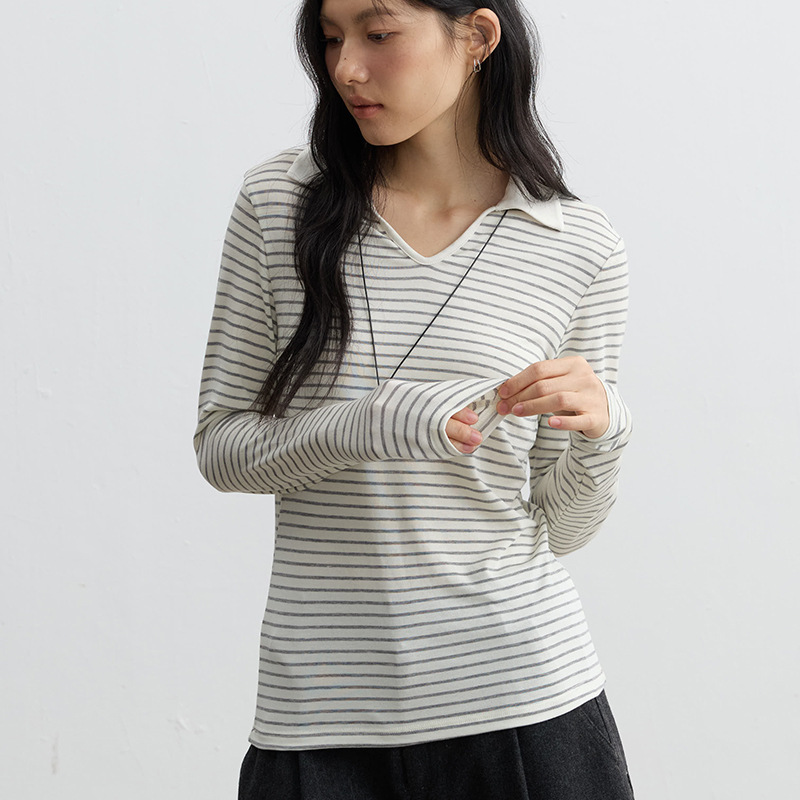 Tencel Acetate Wool Women's Base Shirt with Turn-down Collar, Stylish Long-sleeve T-shirt, Autumn/Winter Striped Skin-friendly Slim-fit Knitwear