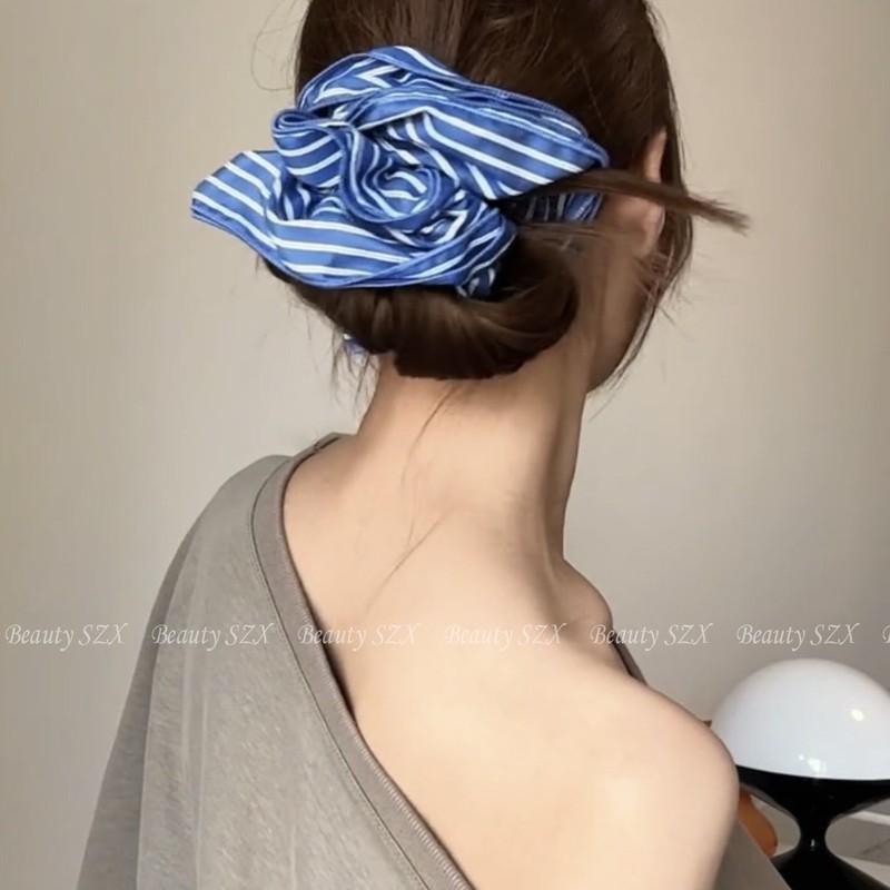 慵懒感低丸子头~蓝色条纹大肠发圈女高级感韩系超大双层头绳头花|undefined