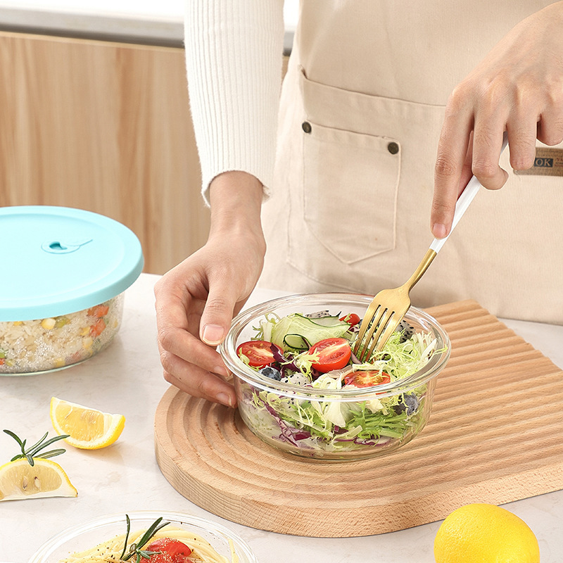Caja de almuerzo de vidrio de borosilicato redondo trabajo horno de microondas caja de almuerzo resistente a altas temperaturas refrigerador crisper de vidrio fábrica en stock