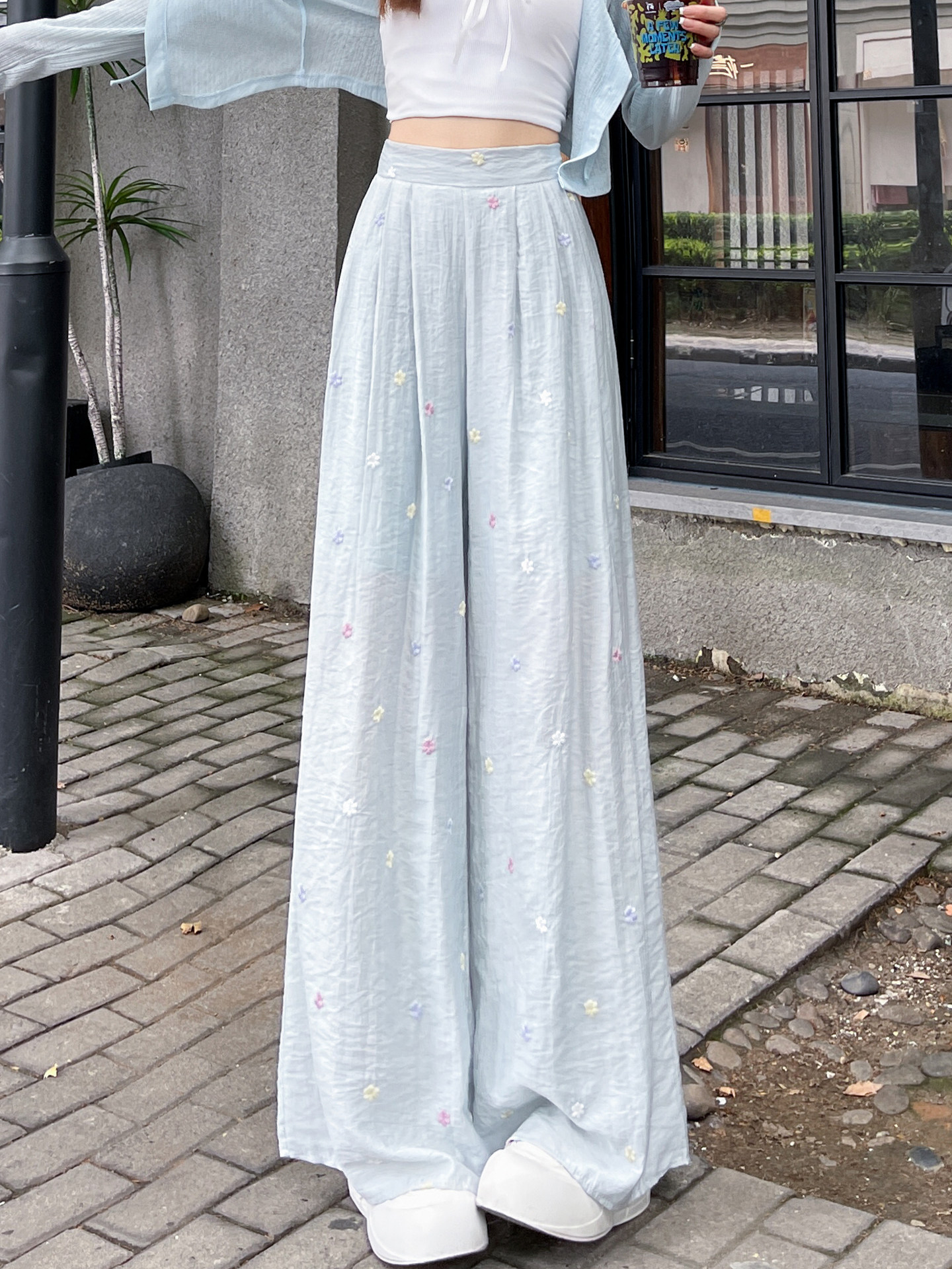 Quần culottes nữ ống rộng cạp cao vải linen phối sợi mát, dáng suông rủ nhẹ — Nhỏ màu hồng