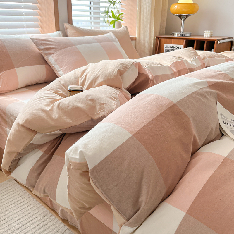 Juego de cuatro piezas de algodón lavado teñido en hilo para estudiantes 2025 nuevo juego de sábanas de edredón de dormitorio de estudiantes de tres piezas