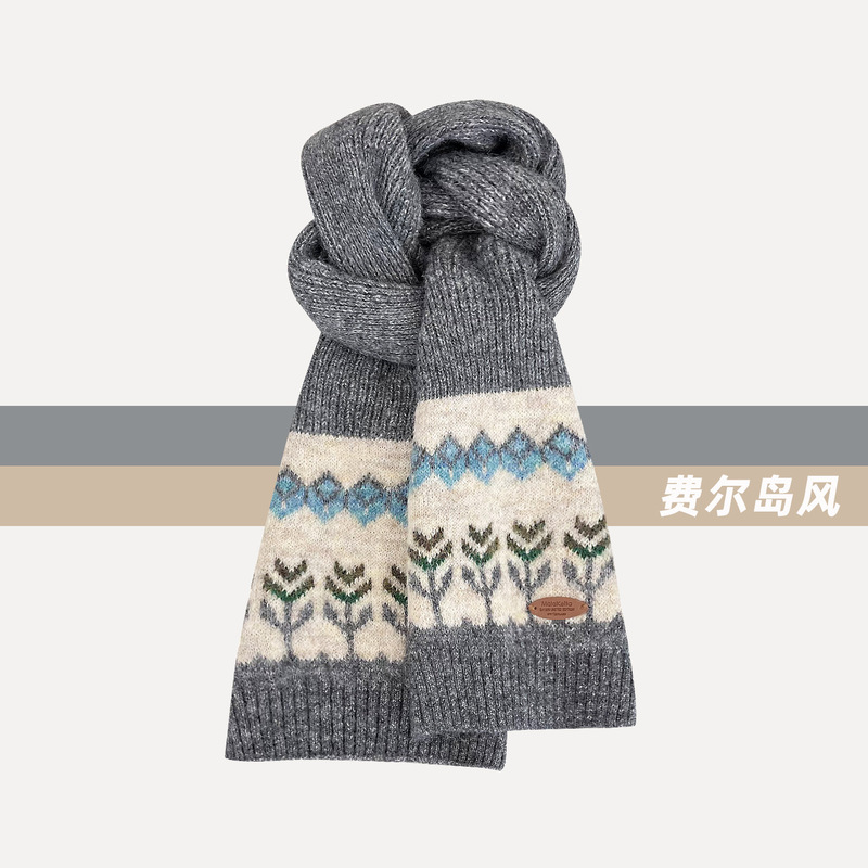 新款红色费尔岛提花小标毛线围巾女秋冬保暖百搭韩系复古针织围脖|undefined