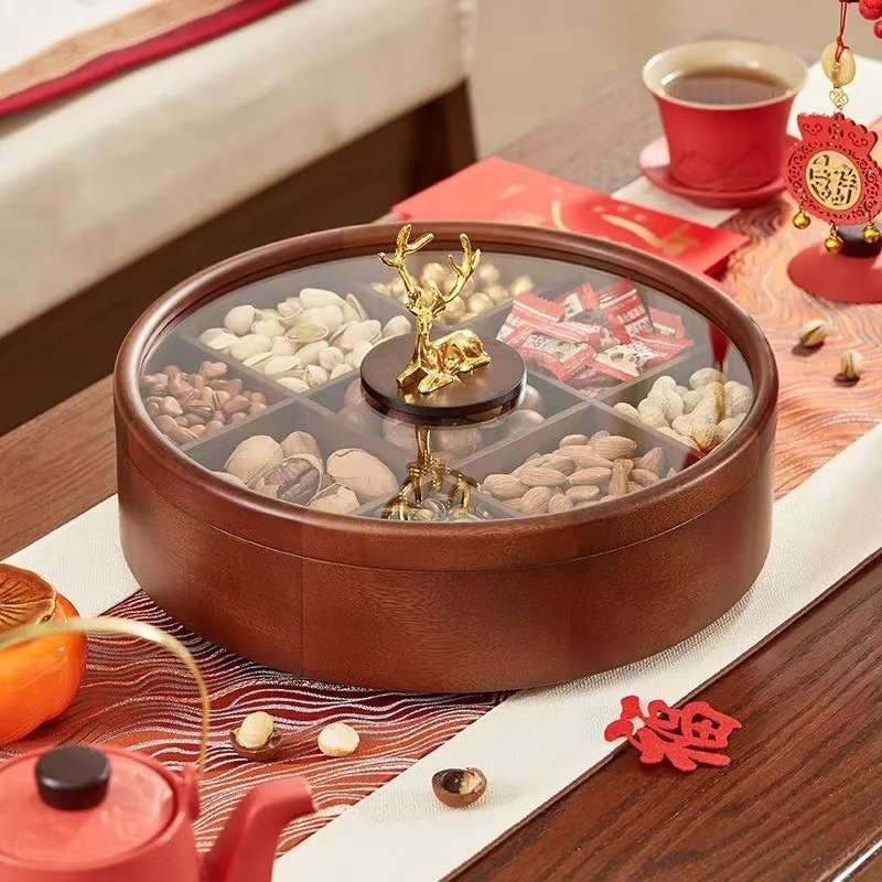 Madera sólida de lujo ligera bandeja de frutas secas caja de dulces de estilo chino caja de almacenamiento de nueces mesa de té de sala de estar casera bandeja de almacenamiento de bocadillos de madera