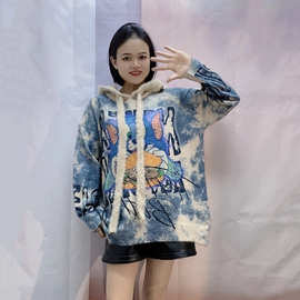 连帽时尚洋气印花水貂毛衣长袖绒毛宽松衣女慵懒秋冬新款针织衫
