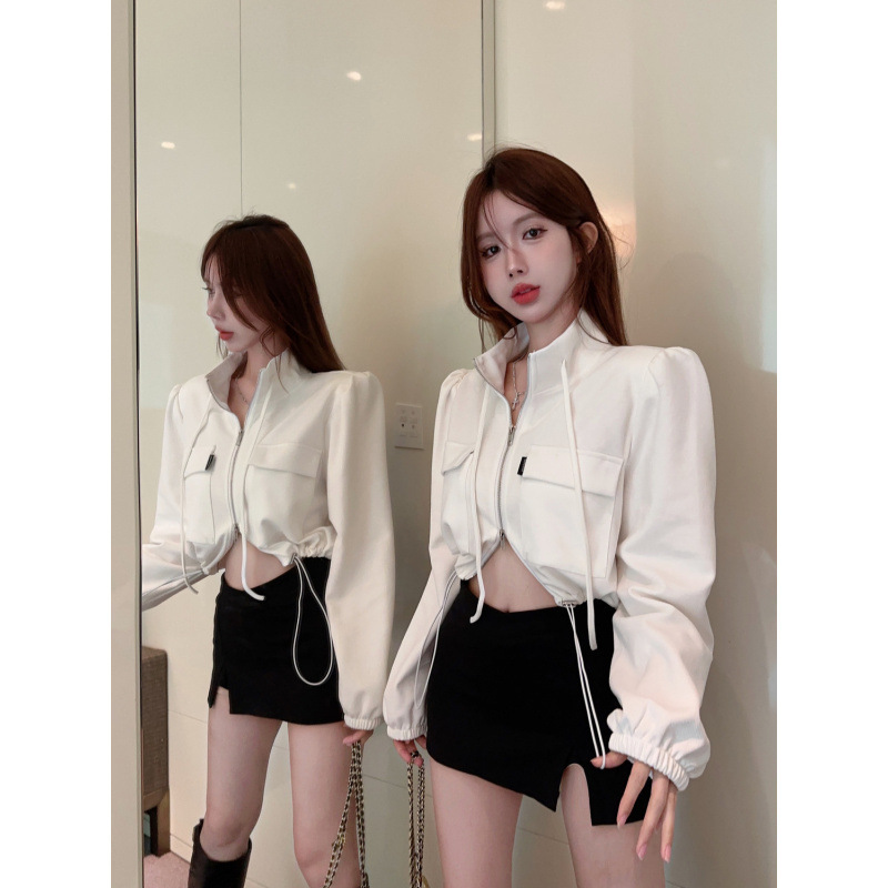 American-Style Spicy Short Puff Sleeve Top for Women with a Unique Design, Niche Autumn and Winter Biker Jacket, Workwear Coat, and Windbreaker