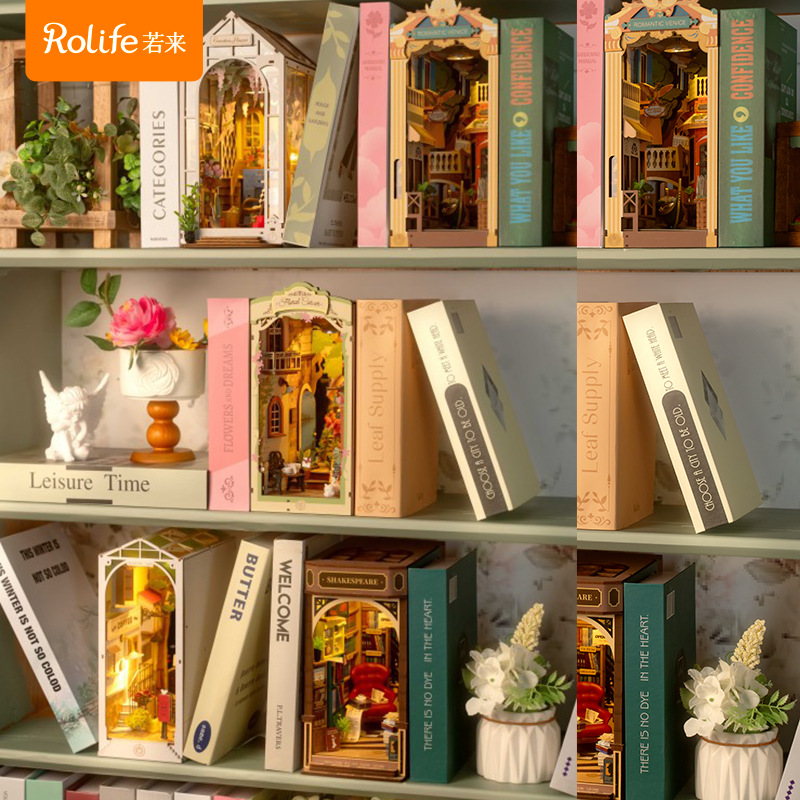 Ruolai libro stand diy cottage hecho a mano montado juguete de madera rompecabezas tridimensional bloques de construcción ensamblados modelo hecho a mano
