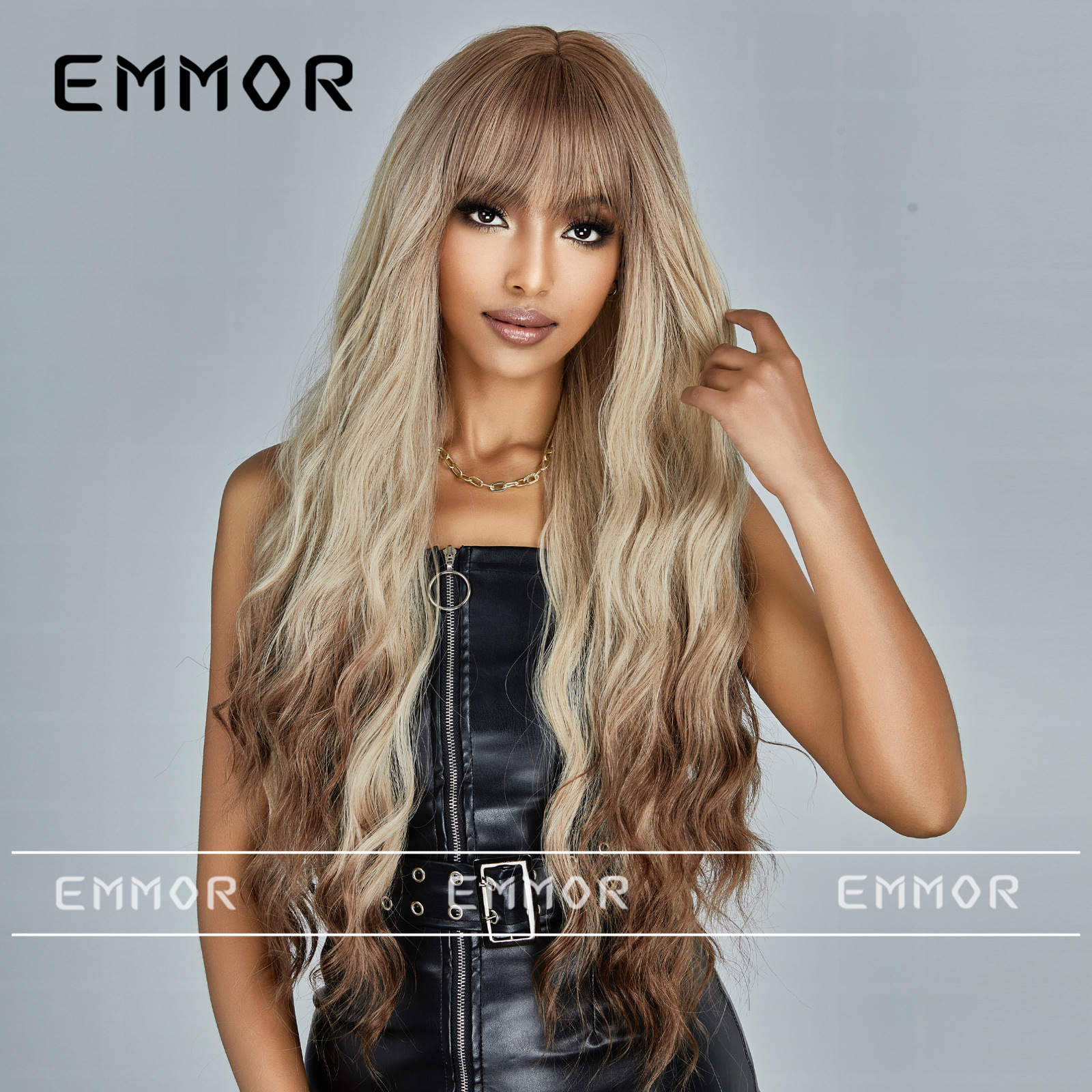 Internet Celebrant Fashion European and American Style Qi Bangs Big Wave Gradient Golden Long Curly Hair Natural Fluffy Wig Full Head Cover