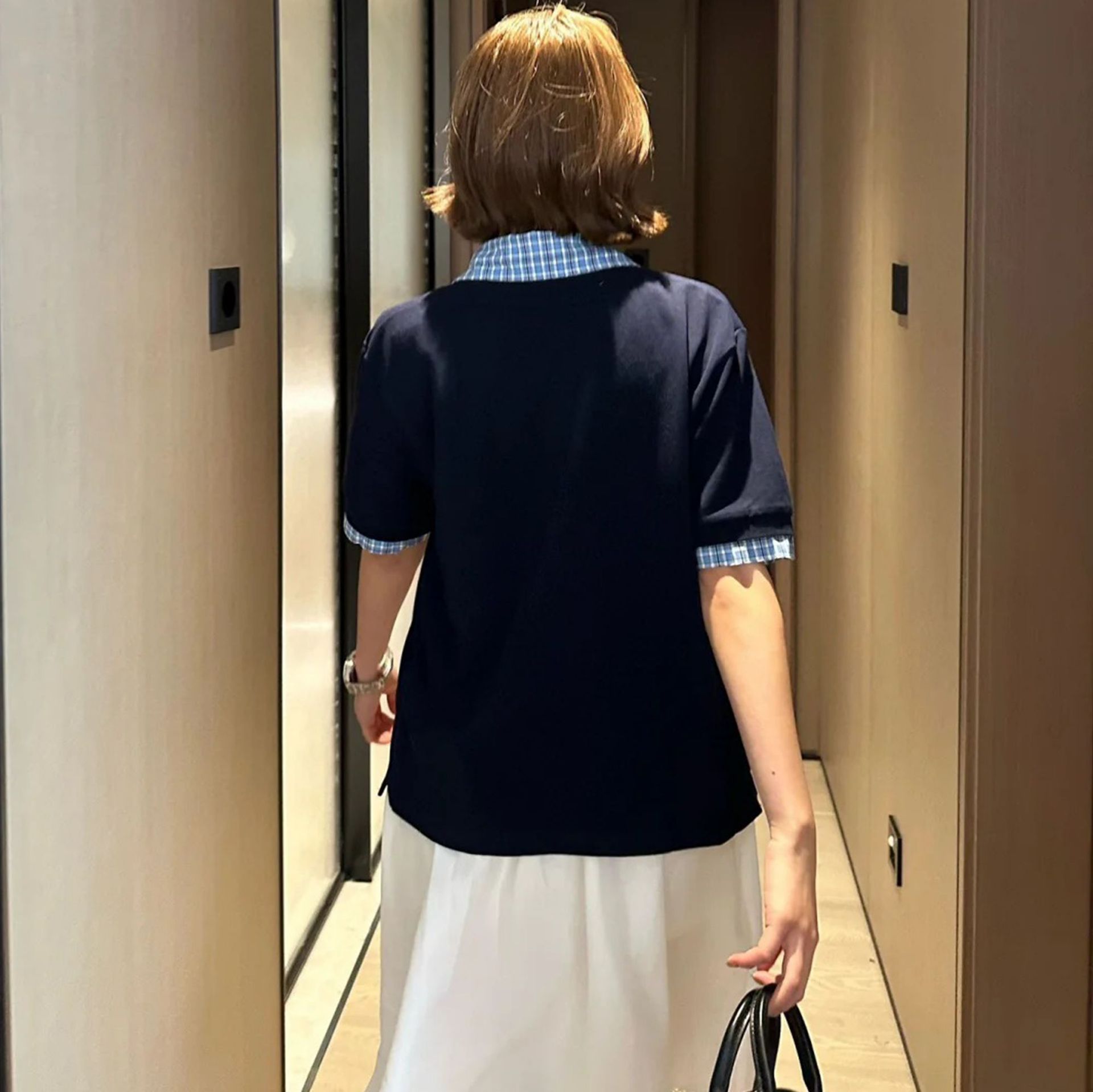 Early Spring and Summer 25 High-end New Nanyou High-end Miu Simple Plaid Patchwork Lasel Fake Two-piece Short-sleeved Polo Shirt