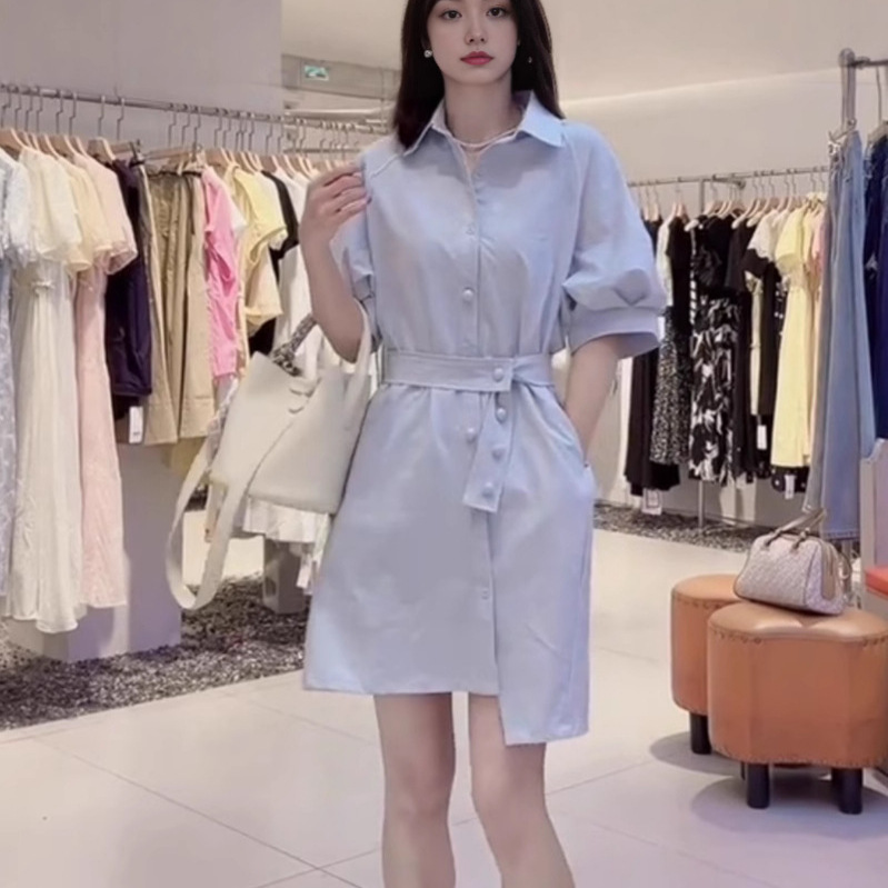 Thin High-end Shirt dress Women's 2025 Summer New Super Good-looking Tight Waist Slimming Age-reducing A- word Midi Dress