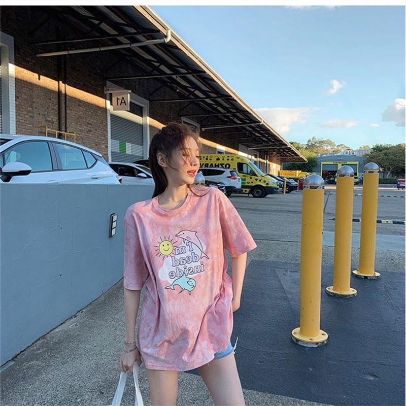 Nuevo retro universal suelto color contrastante dibujos animados camiseta de manga corta camiseta de verano femenina coreana suelta estudiantes de moda