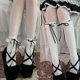 Japanese bow white calf socks sweet girl pure desire Lolita lace ballet style ribbon pile socks