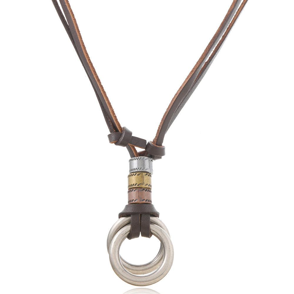 European and American Retro Double-Circle Metal Pendant Leather Necklace, Simple Adjustable Men's Cross-Border Fashion Accessory