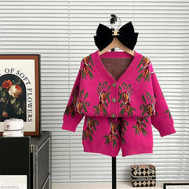 2024秋冬新款针织儿童套装女宝名族风印花毛衣开衫＋短裤女童秋冬