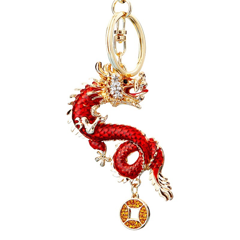 Diamante incrustado Zodiaco dragón coche llavero metal pareja hombres y mujeres bolsa colgante llavero anillo Reunión Anual regalo al por mayor