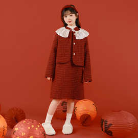 2023冬新款小香风红色套装裙两件套娃娃领外套连衣裙国风女童套装