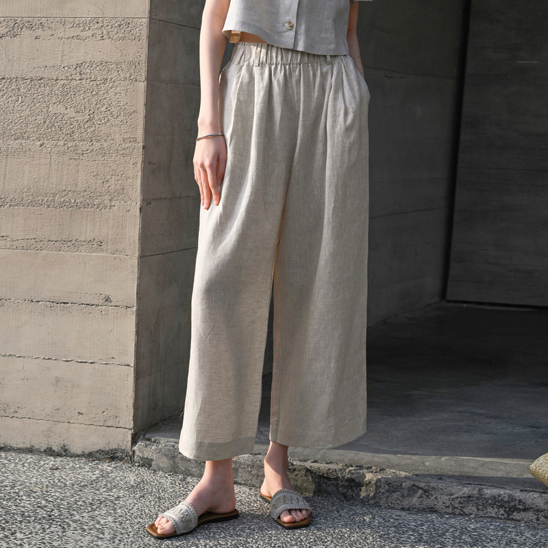 High-Quality Pure Linen Casual Pants for Women 2026 Spring/Summer Cross-Border Comfortable Breathable Long Pants Casual Elastic Waist Straight-Leg Pants