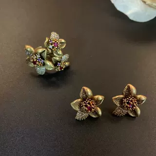 青岛花朵铜镶锆石设计高级感戒指耳钉套装耳饰批发女古风秋冬饰品