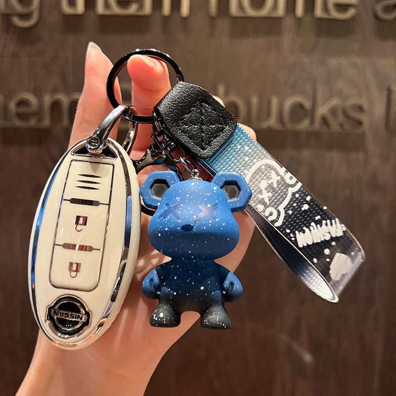 닛산 D-스마트 3 키 [싱글 쉘 화이트] + 블루 폭력 곰 펜던트