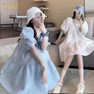 Maternity dress Puff Sleeve Summer Short Sleeve Mid-length Korean Loose plus size Maternity Dress A- line Dress