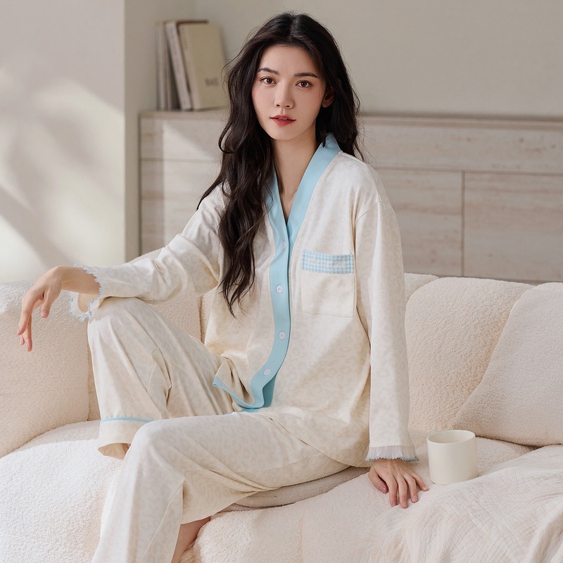 实体批发现货发春秋季新款长袖睡衣女士棉质开衫V领休闲家居服套|undefined