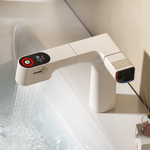Gun gray retractable basin faucet digital display hot and cold faucet beauty skin chlorine removal filter element cream white all copper