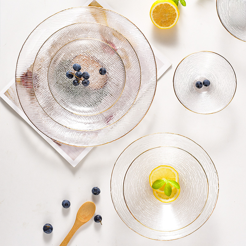 Japanese gold-edged checkered glass bowl and plate set, creative fruit salad transparent bowl and plate tableware, Western-style placemat and plate, wholesale