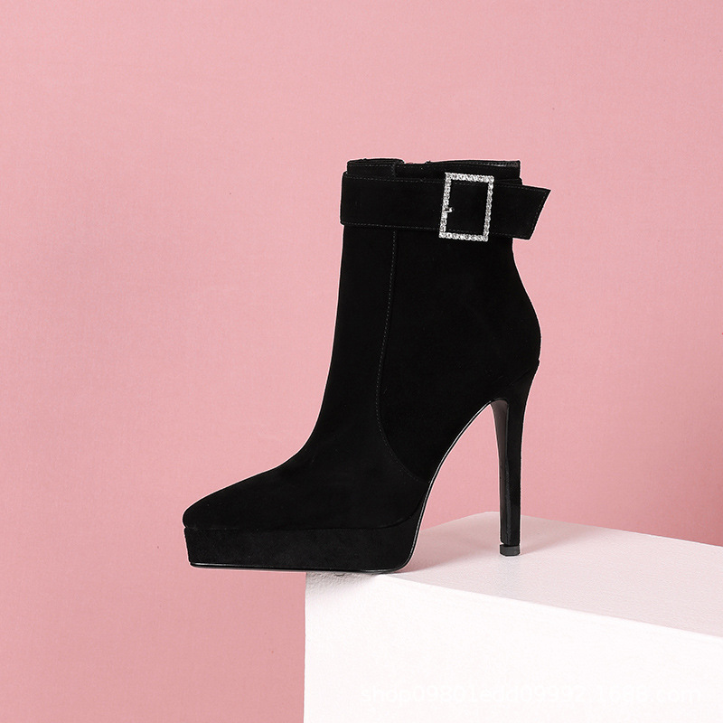 Boot nữ da thật mũi nhọn gót siêu cao 10 cm phong cách Hàn Quốc cổ thấp khóa kim loại — Nhung cừu đen 10cm