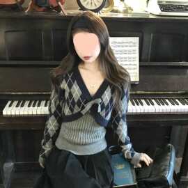 复古菱格针织开衫外套吊带背心女秋季韩系毛衣套装时尚上衣两件套