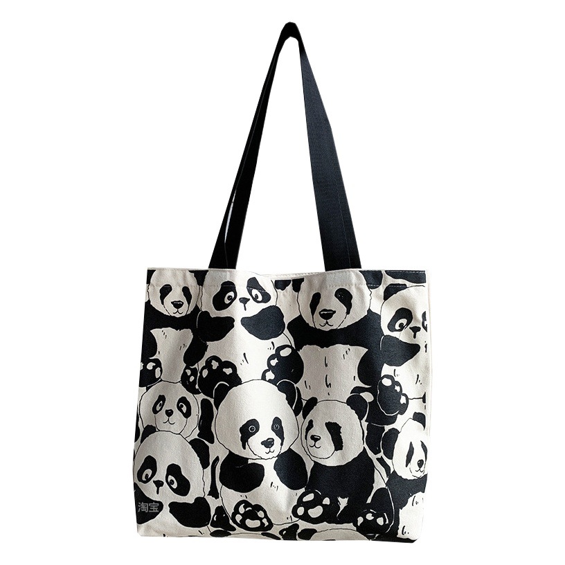 Lindo Panda bolsa de lona hombro de las mujeres estilo chino gran capacidad cremallera bolsa de lona bolsa de compras portátil impresión a doble cara