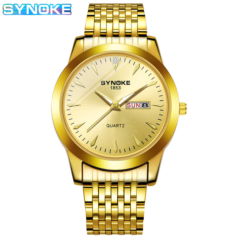 Reloj de cuarzo de negocios SYNOKE doble calendario aleación reloj casual moda clásica correa de acero reloj de los hombres