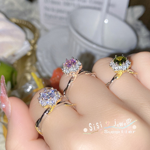 Sisi European and American wedding rings for women, bright olive green purple gemstone live ring, fashionable Titok live new product