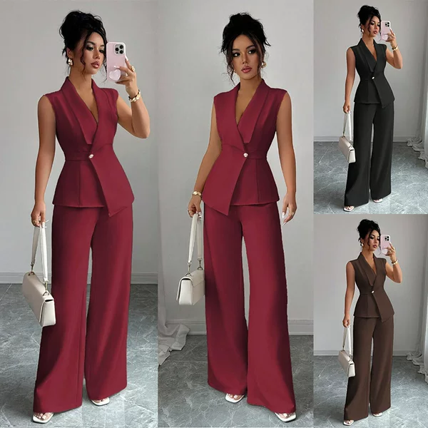 Cross-Border E-Commerce Foreign Trade Imports and Exports European and American Clothing, Stylish and Fashionable Sleeveless Suit and Straight Pants Two-Piece Set