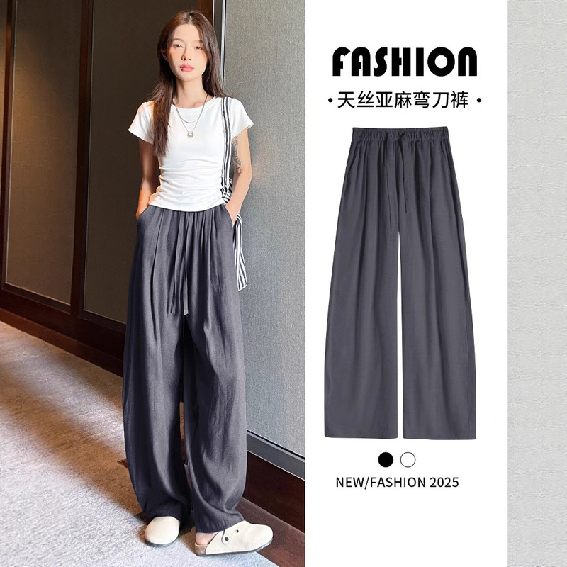 Linen Ice Silk Wide-Leg Pants for Women, Summer Thin Style 2026 New High-Waisted Drapey Casual Petite Cotton-Linen Straight Pants