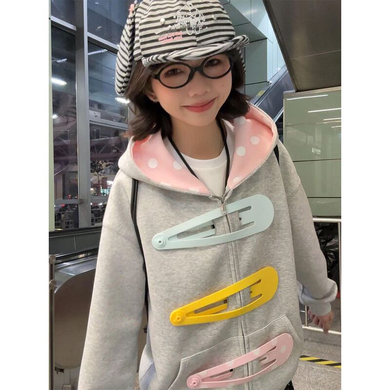Autumn and Winter Fleece-Lined Sweet and Cute Cardigan with 3D Decorative Hairpin Design, Zipper, and Hooded Sweatshirt Jacket Autumn and Winter Fleece-Lined Sweet and Cute Cardigan with 3D Decorative Hairpin Design, Zipper, and Hooded Sweatshirt Jacket