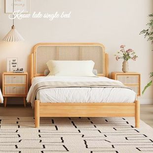 Japanese-style log solid wood bed small apartment for household 1.5 meters rattan double bed master bedroom 1.8 meters single bed 1.2 meters