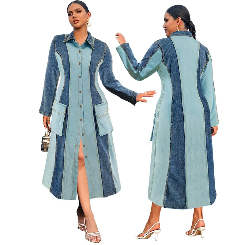 218539 Трансграничное женское новое джинсовое платье больших размеров с лацканами и длинными рукавами, прямая продажа с фабрики
