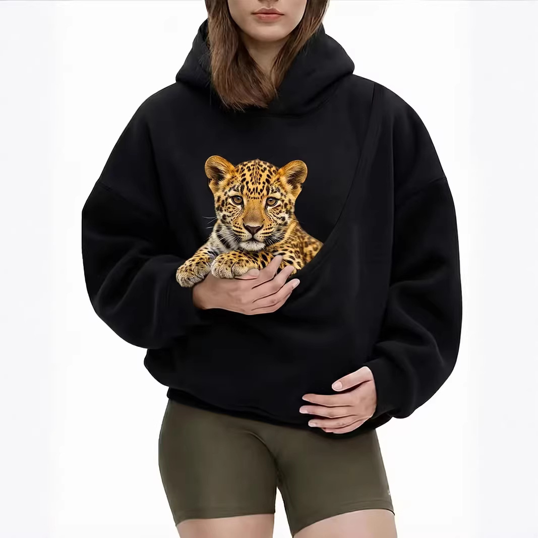 Women's Casual Loose Pullover Hooded Sweatshirt Solid Color Pet Bib Design Early Spring Fashion_voghion.com