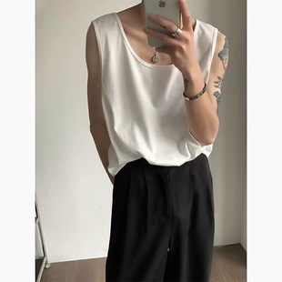 American-Style Heavyweight Vest Men's Low-Neck Base Shirt White Large Neckline Sleeveless T-Shirt Men's Summer Undershirt Trendy