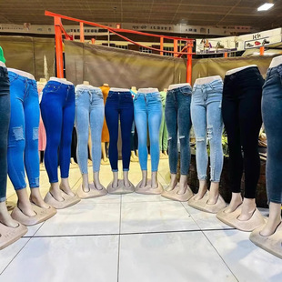 Женские эластичные джинсы с дырами брюки с высокой талией оптом Available stretch denim jeans