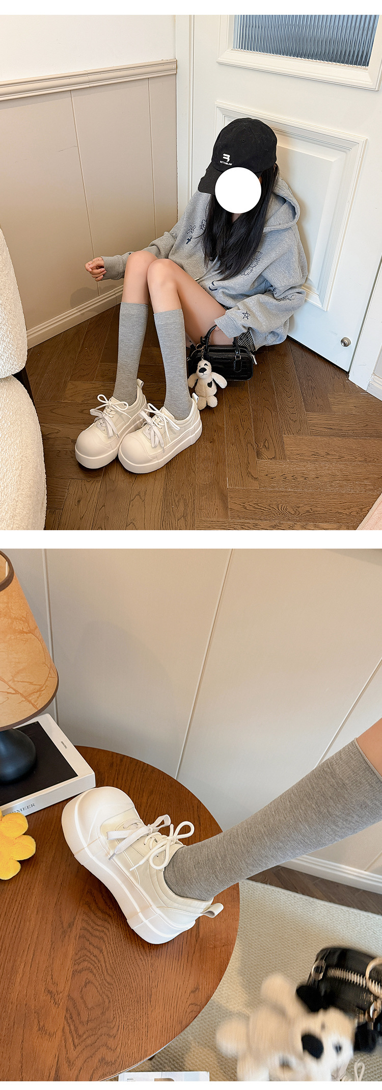 Giày sneaker nữ chunky đế dày mũi tròn phối màu dây buộc cổ sâu — màu trắng, màu đỏ chi tiết 15