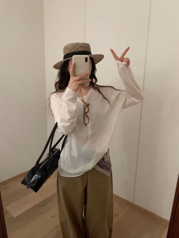 纽扣休闲条纹针织衫女春秋宽松羊毛打底衫清新休闲长袖上衣G1470|undefined