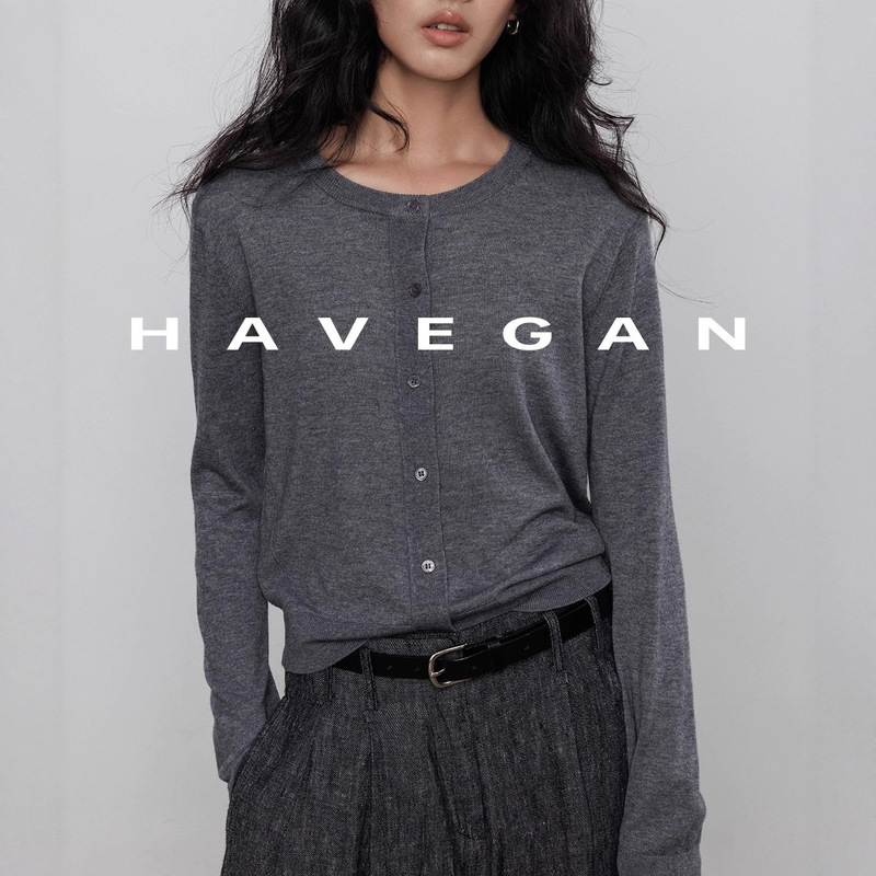 Havegan/Autumn Round Neck Long-Sleeved Knitted Cardigan Women's Thin Outer Wear Loose Lazy Old Money Style Top Havegan/Autumn Round Neck Long-Sleeved Knitted Cardigan Women's Thin Outer Wear Loose Lazy Old Money Style Top